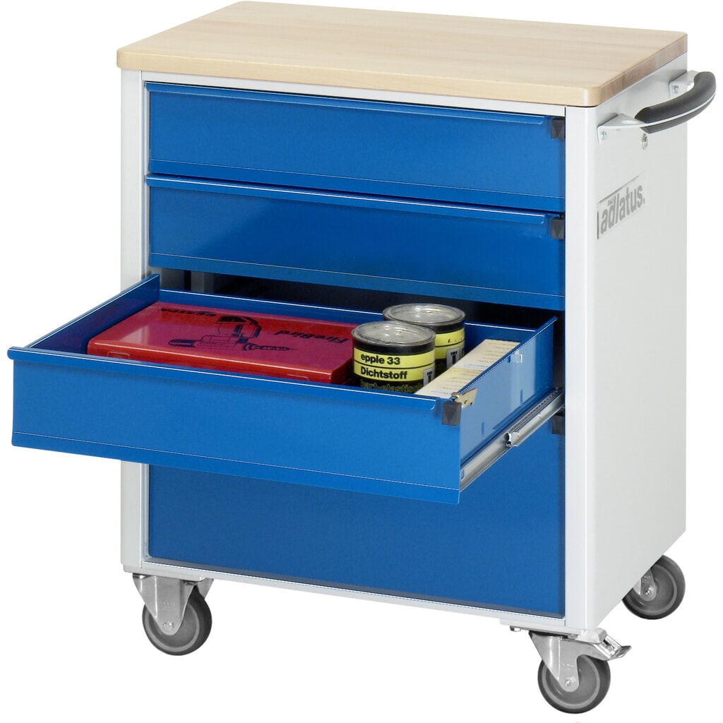 Nástrojový vozík RAU řada adlatus 700, VxŠxH 860 x 700 x 510 mm, 4x zásuvka 3 x 130, 1 x 260 mm, buková pracovní deska Obrázek produktu: Nástrojový vozík RAU řada adlatus 700, VxŠxH 860 x 700 x 510 mm, 4x zásuvka 3 x 130, 1 x 260 mm, buková pracovní deska