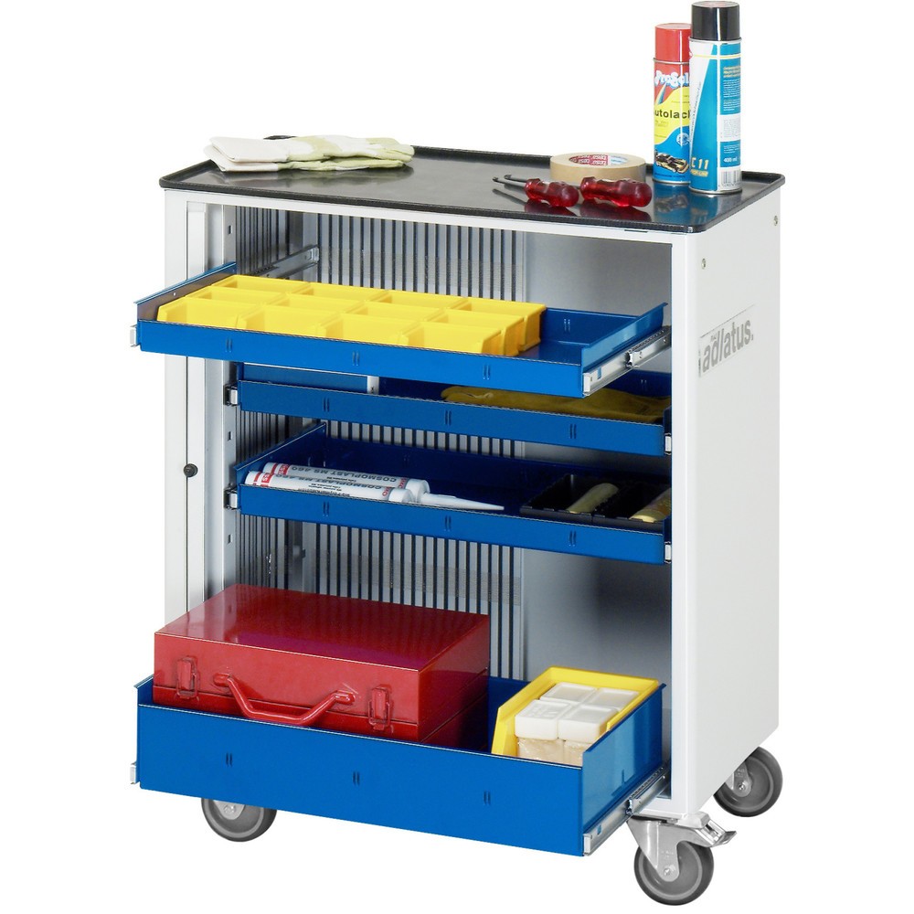 Číslo obrázku produktu 1: Nástrojový vozík RAU řada adlatus 700, VxŠxH 860 x 725 x 400 mm, 4x zásuvka 3 x 40, 1 x 105 mm, kovová pracovní deska