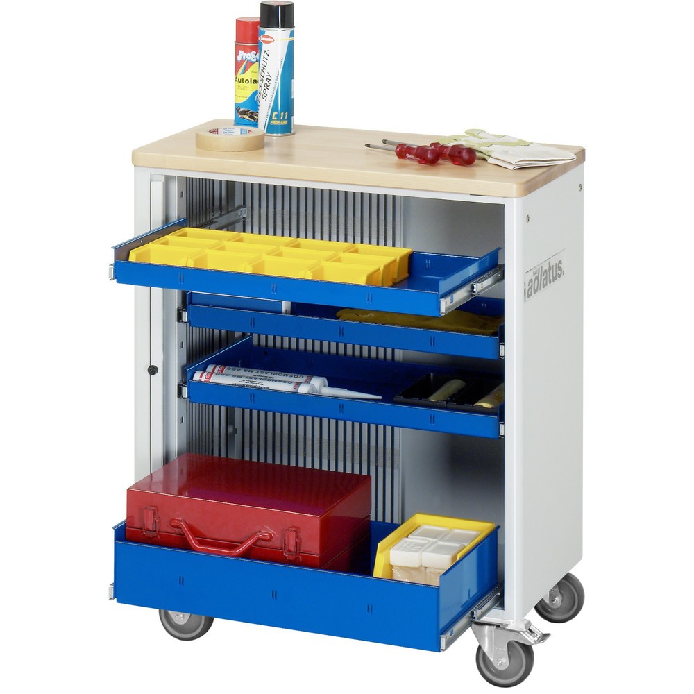 Obrázek produktu: Nástrojový vozík RAU řada adlatus 700, VxŠxH 860 x 725 x 400 mm, 4x zásuvka 3 x 40, 1 x 105 mm, buková pracovní deska