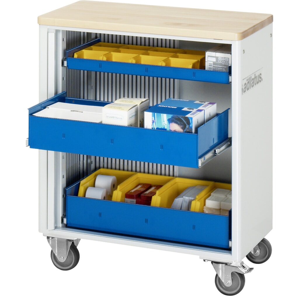 Nástrojový vozík RAU řada adlatus 700, VxŠxH 860 x 725 x 400 mm, 3x zásuvka 1 x 40, 2 x 105 mm, buková pracovní deska Obrázek produktu: Nástrojový vozík RAU řada adlatus 700, VxŠxH 860 x 725 x 400 mm, 3x zásuvka 1 x 40, 2 x 105 mm, buková pracovní deska
