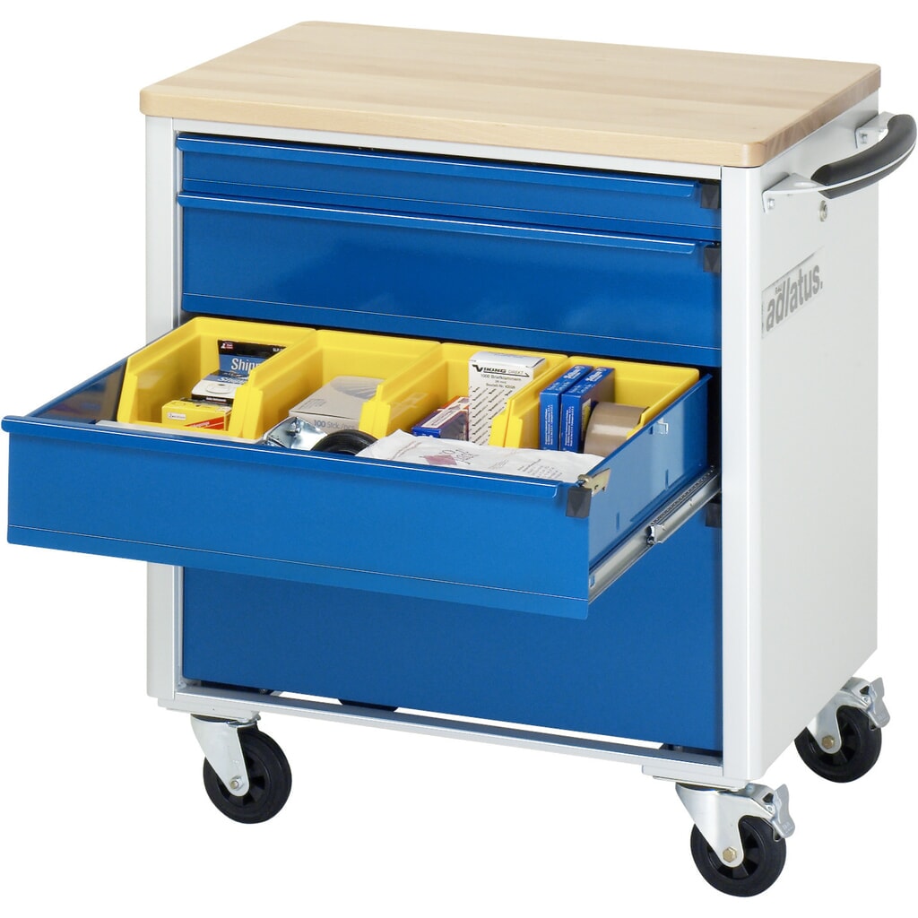 Obrázek produktu: Nástrojový vozík RAU řada adlatus 700, VxŠxH 790 x 700 x 510 mm, 4x zásuvka 1 x 65, 2 x 130, 1 x 260 mm, buková pracovní deska