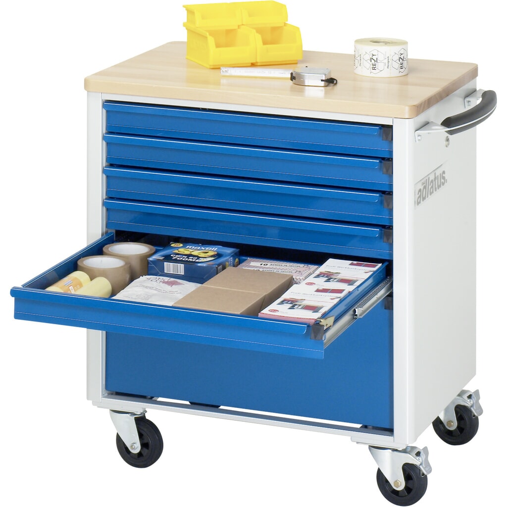 Obrázek produktu: Nástrojový vozík RAU řada adlatus 700, VxŠxH 790 x 700 x 510 mm, 6x zásuvka 5 x 65, 1 x 260 mm, buková pracovní deska