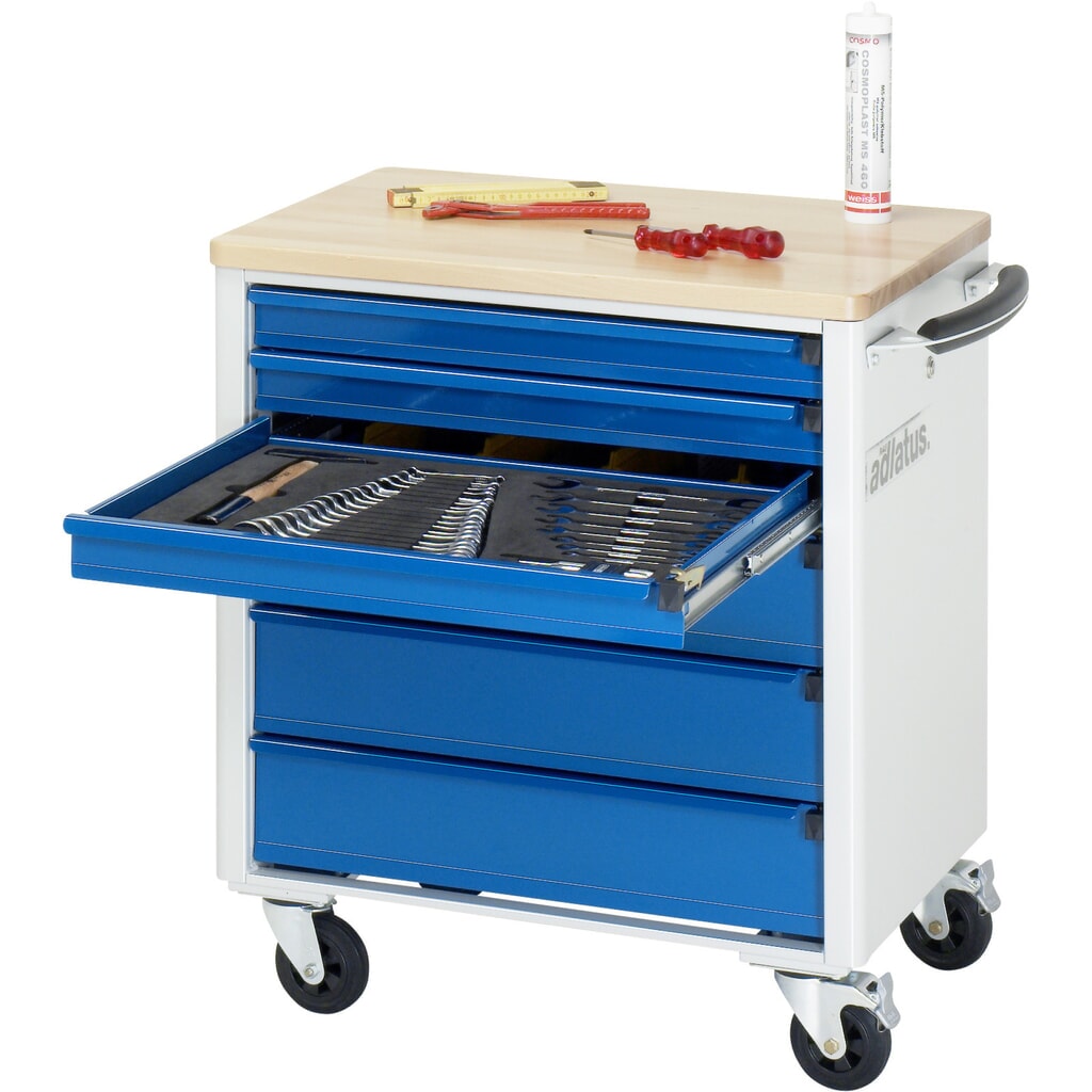 Obrázek produktu: Nástrojový vozík RAU řada adlatus 700, VxŠxH 790 x 700 x 510 mm, 6x zásuvka 3 x 65, 3 x 130 mm, buková pracovní deska