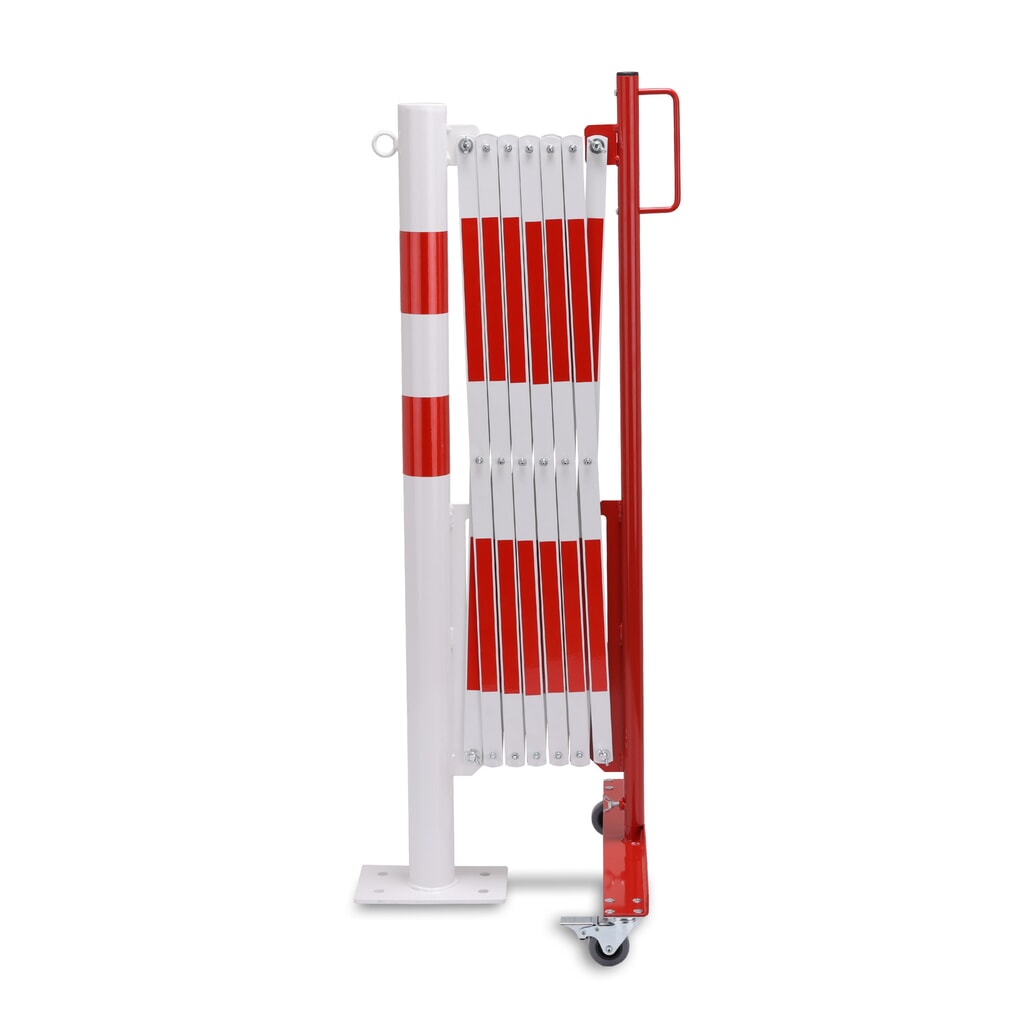 Nůžková zábrana se zahrazovacím sloupkem, Ø 60 mm, šířka 3600 mm, červená/bílá Obrázek produktu: Nůžková zábrana se zahrazovacím sloupkem, Ø 60 mm, šířka 3600 mm, červená/bílá