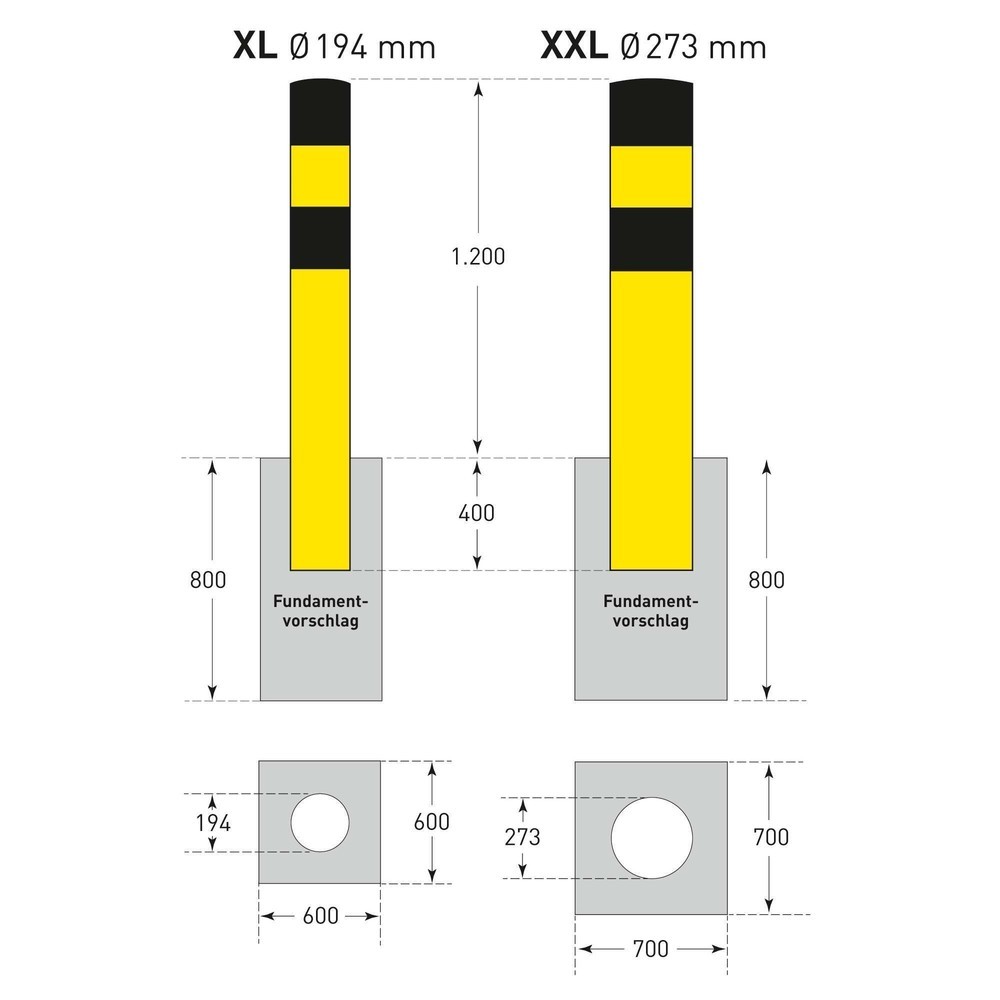 Číslo obrázku produktu 8: Ochranný sloupek MORAVIA, k zabetonování, pro venkovní použití, výška 1600 mm, Ø 273 mm