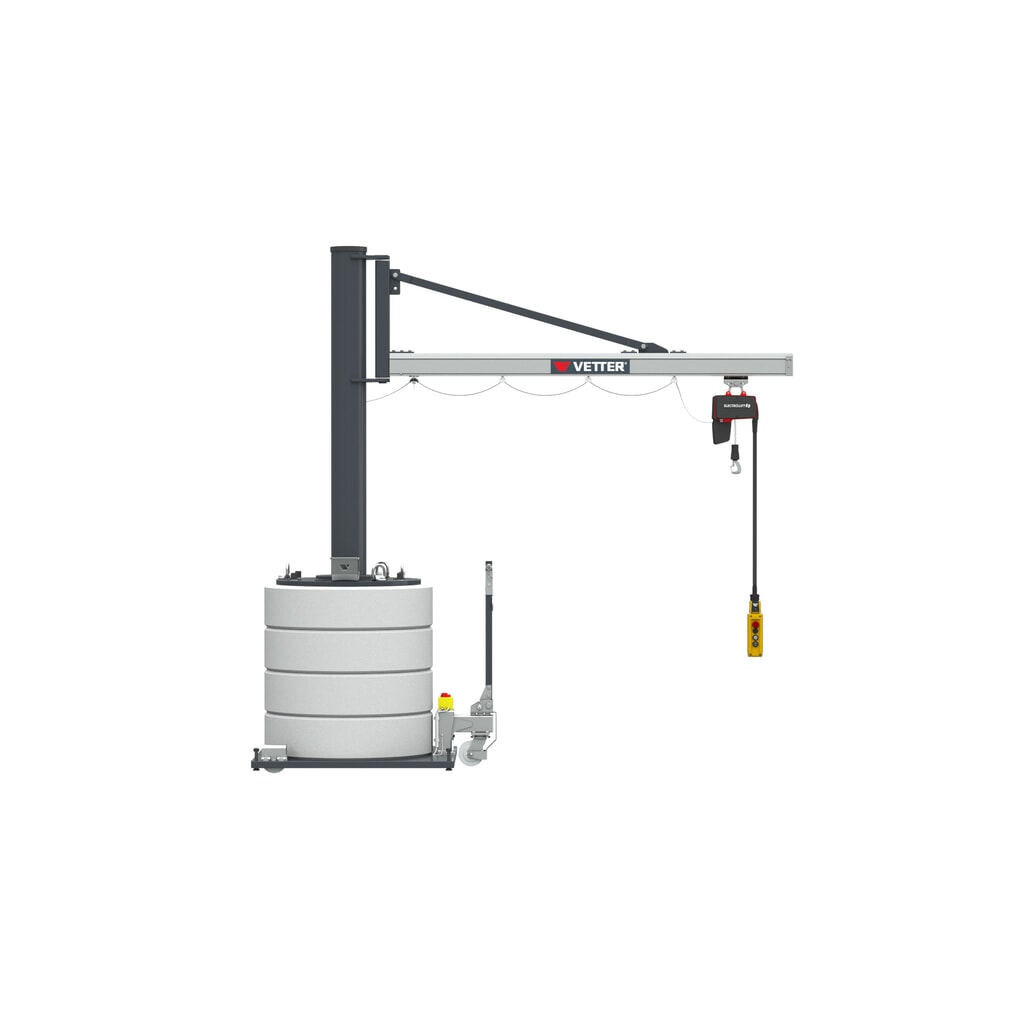 Otočný jeřáb VETTER® včetně elektrického kladkostroje LIFTKET, rozsah otáčení 270°, délka výložníku 2900 mm, nosnost 125 kg Obrázek produktu: Otočný jeřáb VETTER® včetně elektrického kladkostroje LIFTKET, rozsah otáčení 270°, délka výložníku 2900 mm, nosnost 125 kg