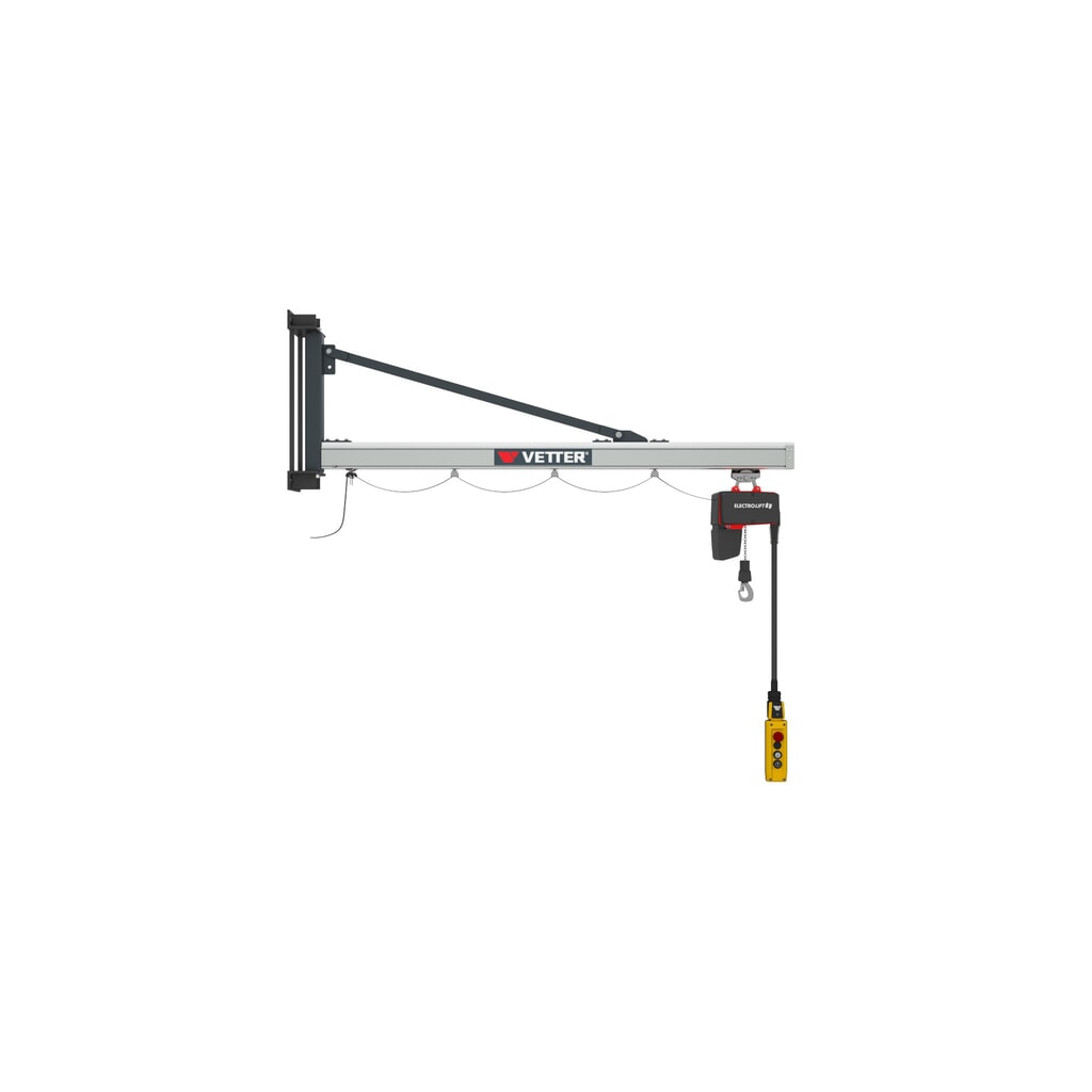Otočný jeřáb VETTER® včetně elektrického kladkostroje LIFTKET, nástěnné provedení, délka výložníku 1900 mm, nosnost 125 kg Obrázek produktu: Otočný jeřáb VETTER® včetně elektrického kladkostroje LIFTKET, nástěnné provedení, délka výložníku 1900 mm, nosnost 125 kg