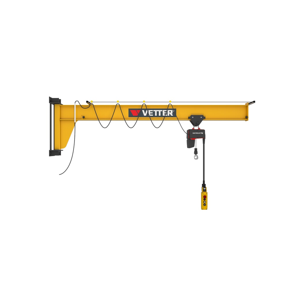 Otočný jeřáb VETTER® včetně elektrického kladkostroje LIFTKET, nástěnné provedení, nízký profil, délka výložníku 3000 mm, nosnost 125 kg Obrázek produktu: Otočný jeřáb VETTER® včetně elektrického kladkostroje LIFTKET, nástěnné provedení, nízký profil, délka výložníku 3000 mm, nosnost 125 kg