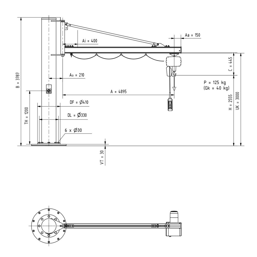 Číslo obrázku produktu 2: Otočný jeřáb VETTER® včetně elektrického kladkostroje LIFTKET, sloupové provedení, délka výložníku 4900 mm, nosnost 125 kg