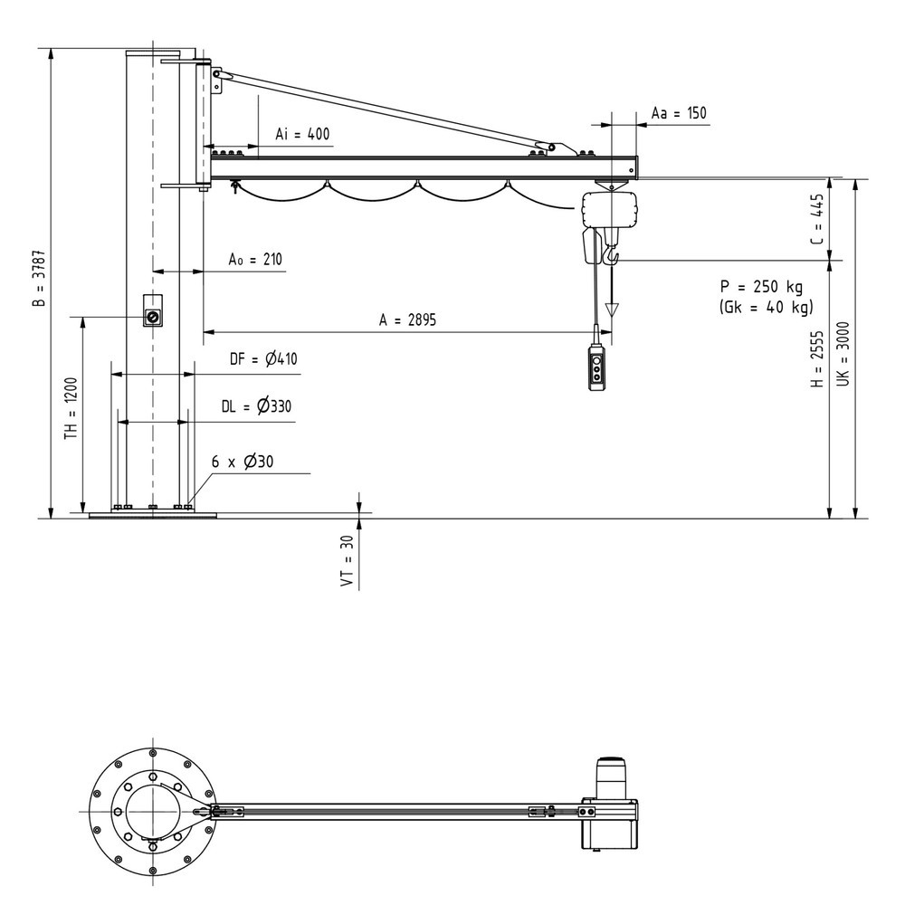 Číslo obrázku produktu 3: Otočný jeřáb VETTER® včetně elektrického kladkostroje LIFTKET, sloupové provedení, délka výložníku 2900 mm, nosnost 250 kg