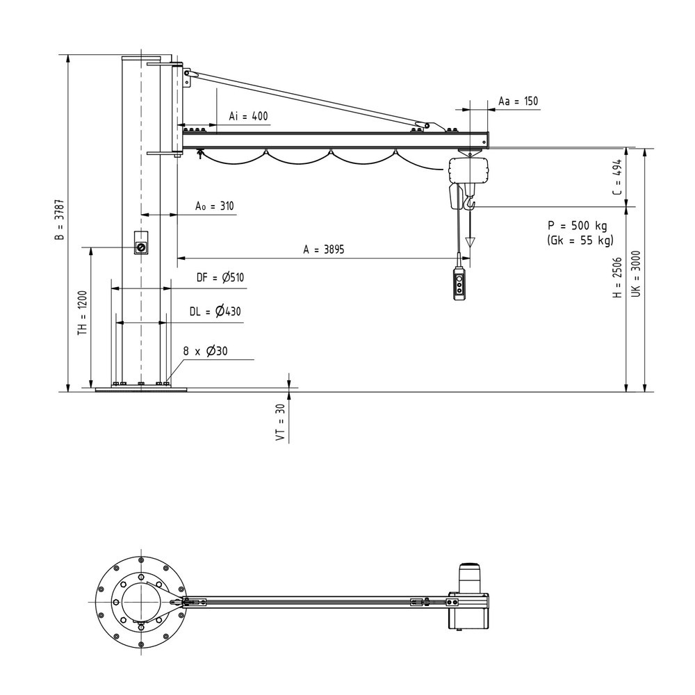 Číslo obrázku produktu 2: Otočný jeřáb VETTER® včetně elektrického kladkostroje LIFTKET, sloupové provedení, délka výložníku 3900 mm, nosnost 500 kg