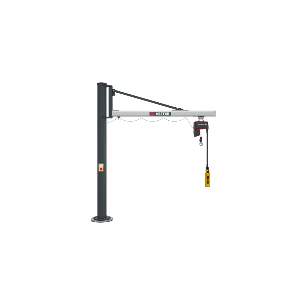 Otočný jeřáb VETTER® včetně elektrického kladkostroje LIFTKET, sloupové provedení, délka výložníku 2900 mm, nosnost 125 kg Obrázek produktu: Otočný jeřáb VETTER® včetně elektrického kladkostroje LIFTKET, sloupové provedení, délka výložníku 2900 mm, nosnost 125 kg
