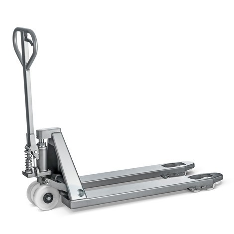 Imagen del producto número 1: Transpaleta manual fabricada en acero inoxidable INOX, longitud de horquilla 1130 mm, nylon, ruedas tándem