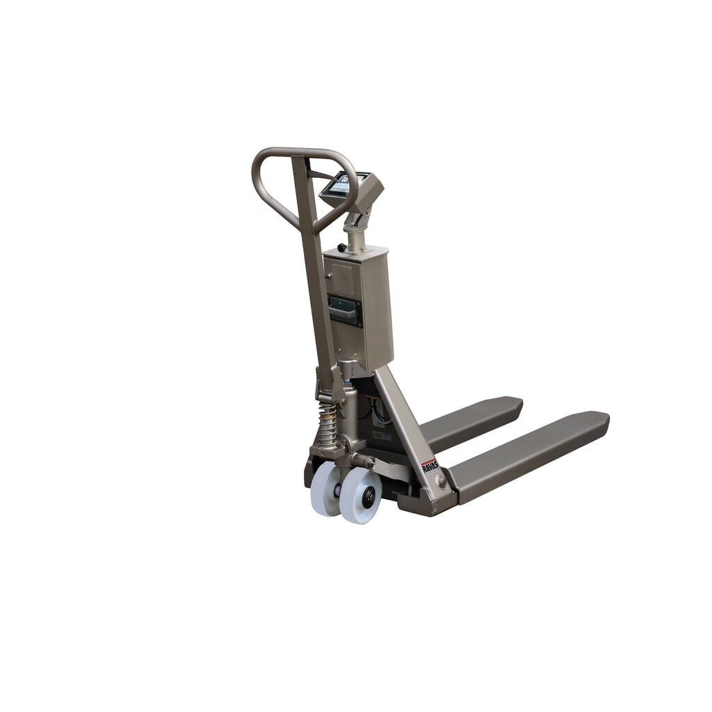 Ravas Paletový vozík z nerezové oceli s váhou INOX PRO s dotykovým vícerozsahovým displejem, nosnost 2 000 kg, délka vidlí 1 150 mm, polyamid, tandemová kolečka Číslo obrázku produktu 1: Ravas Paletový vozík z nerezové oceli s váhou INOX PRO s dotykovým vícerozsahovým displejem, nosnost 2 000 kg, délka vidlí 1 150 mm, polyamid, tandemová kolečka