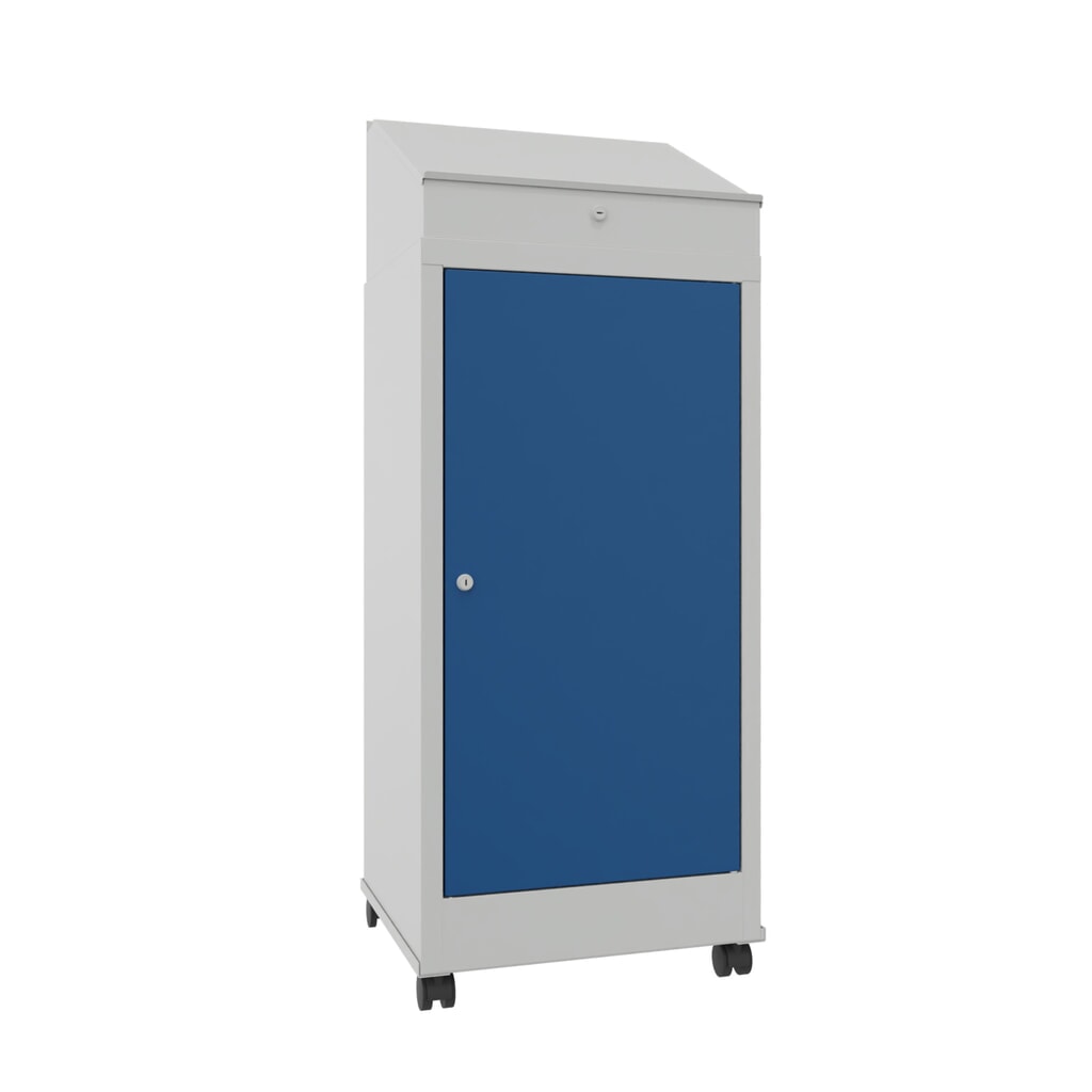 PAVOY průmyslový řečnický pult, mobilní, VxŠxH 1330 x 500 x 500 mm, 1 výsuvná police, šeď světlá, hořcová modř Číslo obrázku produktu 1: PAVOY průmyslový řečnický pult, mobilní, VxŠxH 1330 x 500 x 500 mm, 1 výsuvná police, šeď světlá, hořcová modř