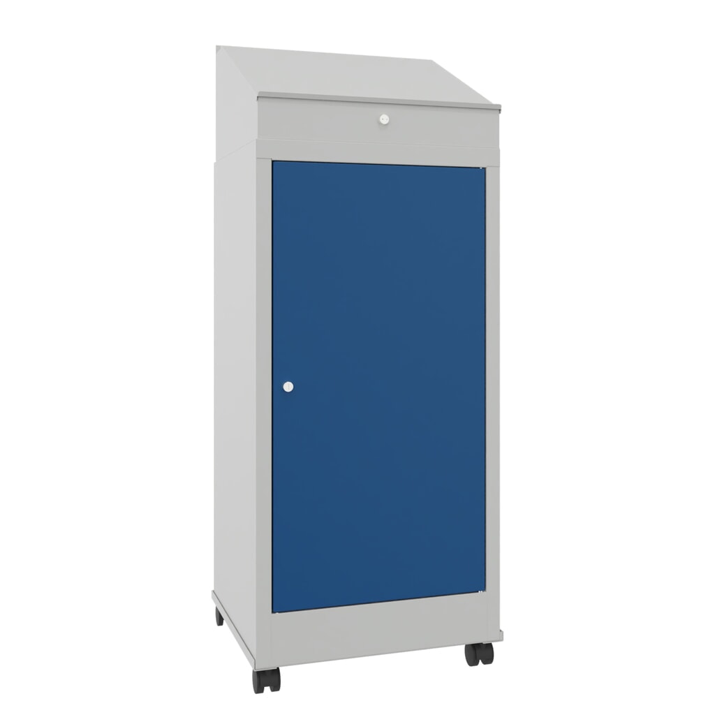 Průmyslový řečnický pult PAVOY, mobilní, VxŠxH 1330 x 500 x 500 mm, s 2 police, šeď světlá, hořcová modř Obrázek produktu: Průmyslový řečnický pult PAVOY, mobilní, VxŠxH 1330 x 500 x 500 mm, s 2 police, šeď světlá, hořcová modř