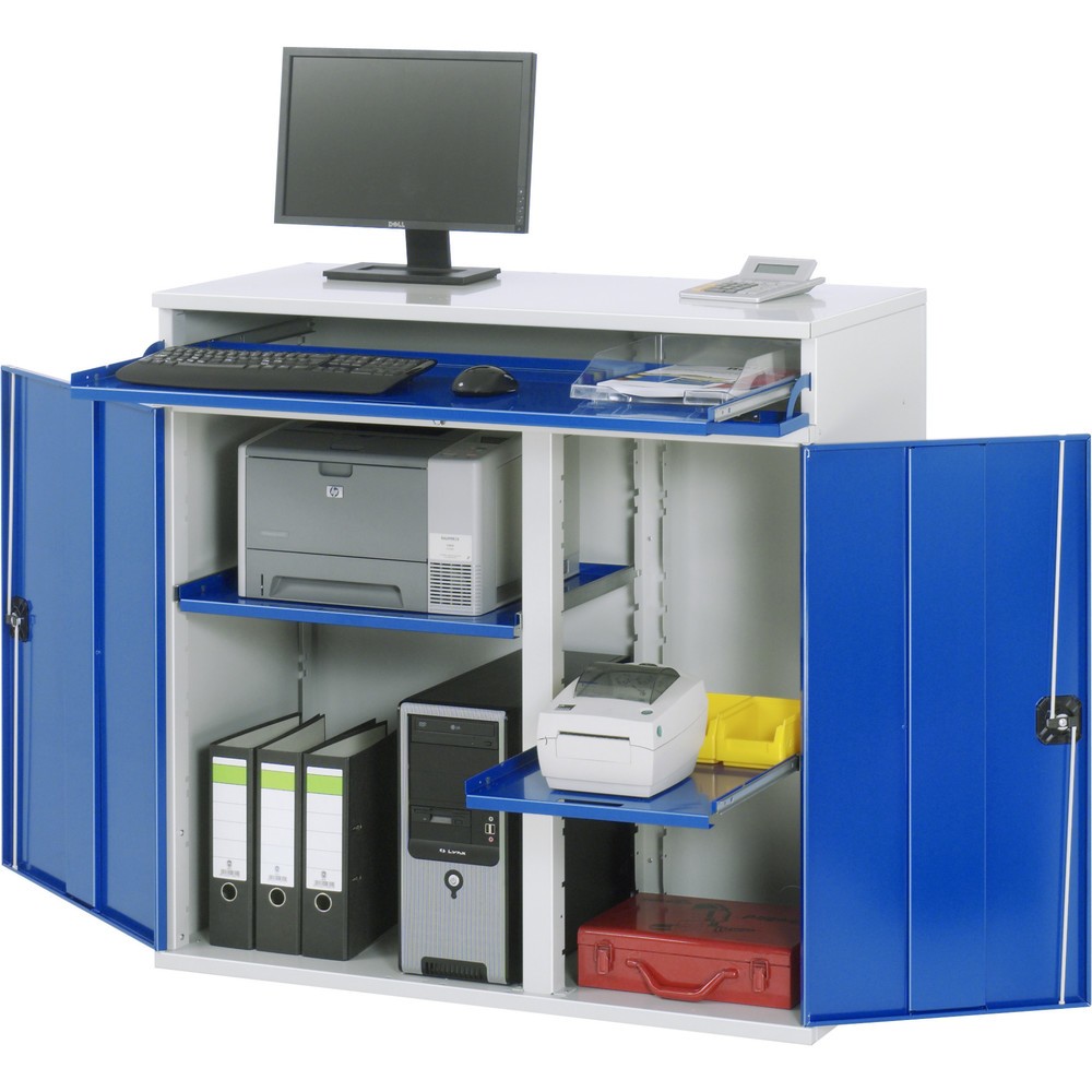 Číslo obrázku produktu 1: Skříň pro počítač RAU, V×Š×H 1060 × 1100 × 520 mm, 2 křídlové dveře, zásuvka na klávesnici a sada koleček