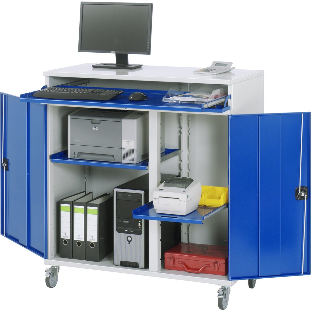 Číslo obrázku produktu 1: Skříň pro počítač RAU, V×Š×H 1185 × 1100 × 520 mm, 2 křídlové dveře, zásuvka na klávesnici a sada koleček