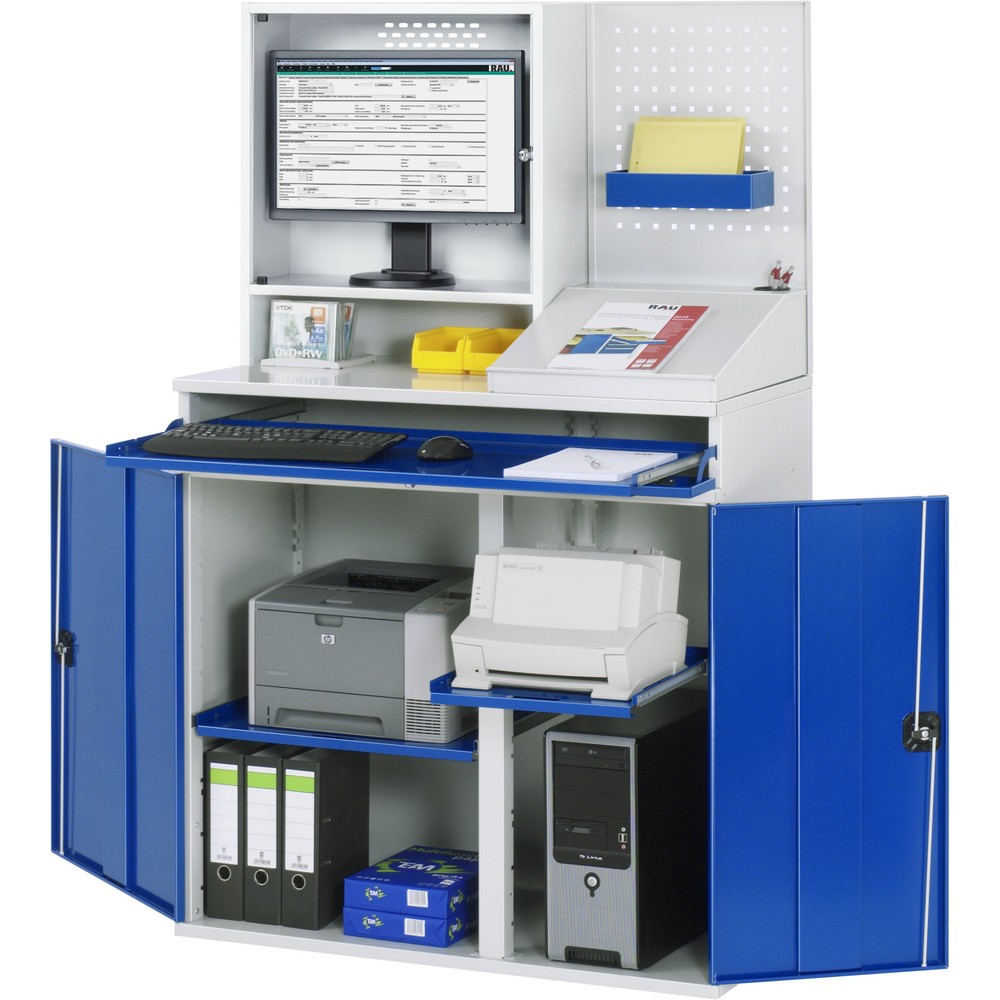 Číslo obrázku produktu 1: Skříň pro počítač RAU, V×Š×H 1770 × 1100 × 520 mm, 2 křídlové dveře, zásuvka na klávesnici a kryt pro monitor