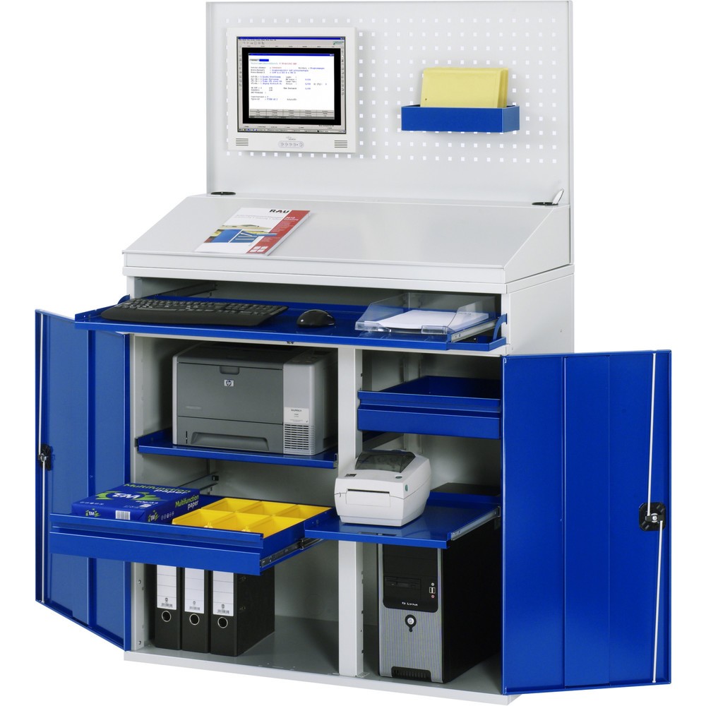 Číslo obrázku produktu 1: Skříň pro počítač RAU, V×Š×H 1770 × 1100 × 520 mm, 2 křídlové dveře, zásuvka na klávesnici, 1 zásuvka a sada koleček
