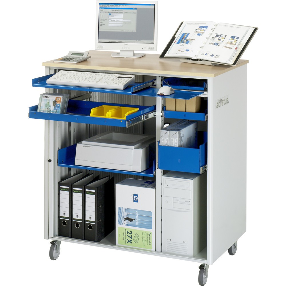 Číslo obrázku produktu 1: Počítačové stanice RAU, V×Š×H 1100 × 1030 × 660 mm, pracovní deska s dekorem buku, s roletou, zásuvková lišta, zásuvka