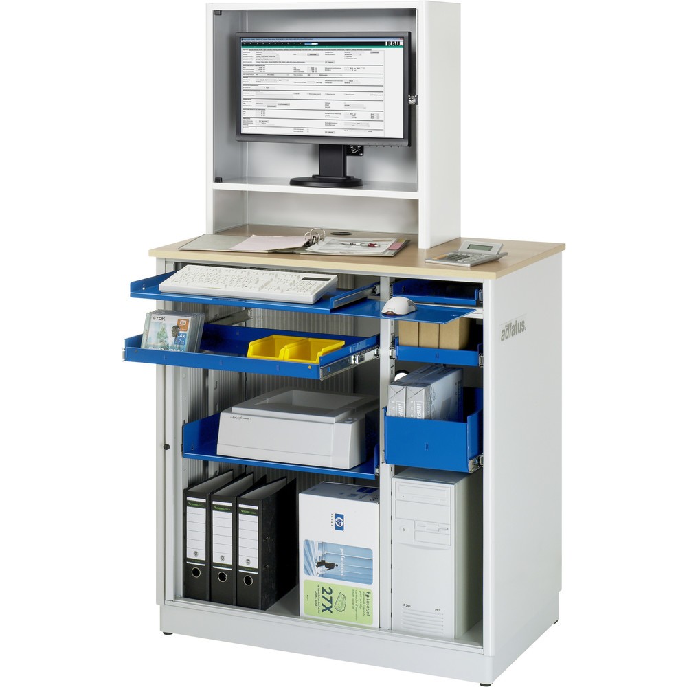 Číslo obrázku produktu 1: Počítačové stanice RAU, V×Š×H 1810 × 1030 × 660 mm, pracovní deska s dekorem buku, s roletou, zásuvková lišta, zásuvka a kryt pro monitor