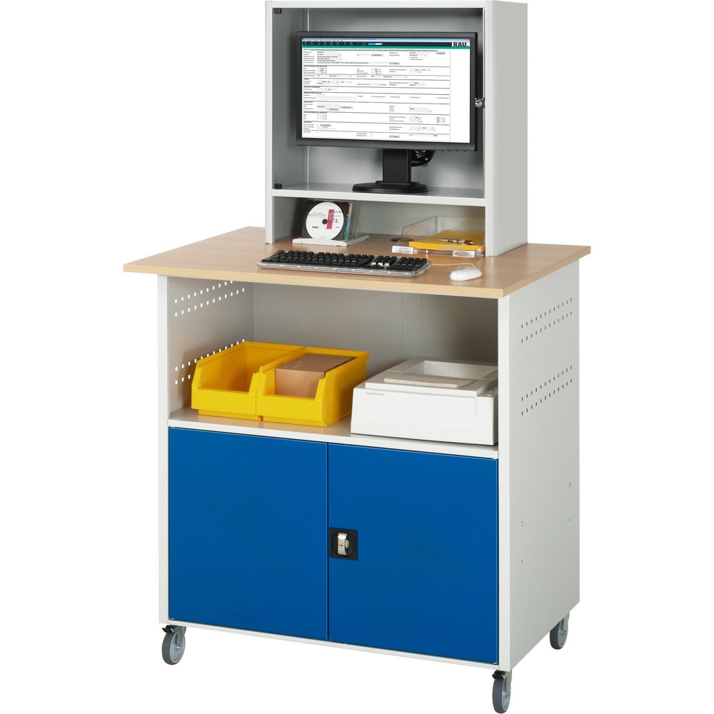 Číslo obrázku produktu 2: Počítačový stůl RAU, V×Š×H 1860 × 1100 × 800 mm, pracovní deska v dekoru buk, 2 křídlové dveře a přihrádka na monitor