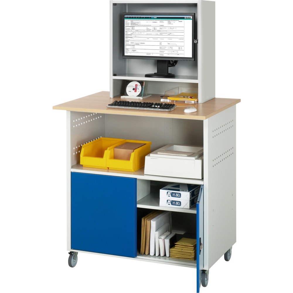 Číslo obrázku produktu 3: Počítačový stůl RAU, V×Š×H 1860 × 1100 × 800 mm, pracovní deska v dekoru buk, 2 křídlové dveře a přihrádka na monitor