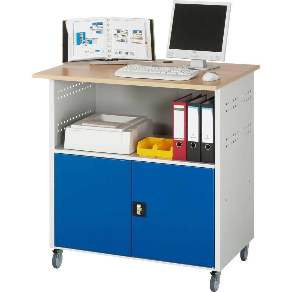 Číslo obrázku produktu 2: Počítačový stůl RAU, V×Š×H 1150 × 1100 × 800 mm, pracovní deska v dekoru buk, 2 křídlové dveře a zásuvková lišta