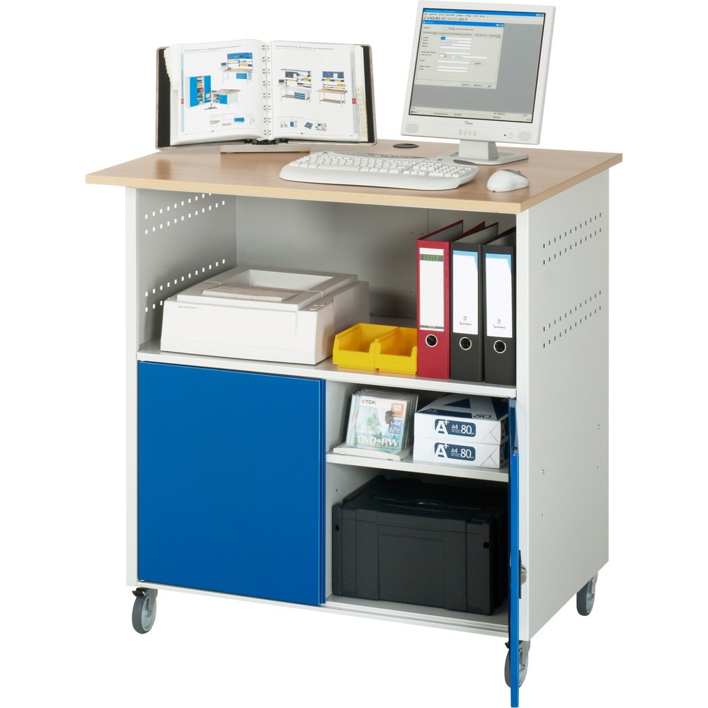 Číslo obrázku produktu 3: Počítačový stůl RAU, V×Š×H 1150 × 1100 × 800 mm, pracovní deska v dekoru buk, 2 křídlové dveře a zásuvková lišta