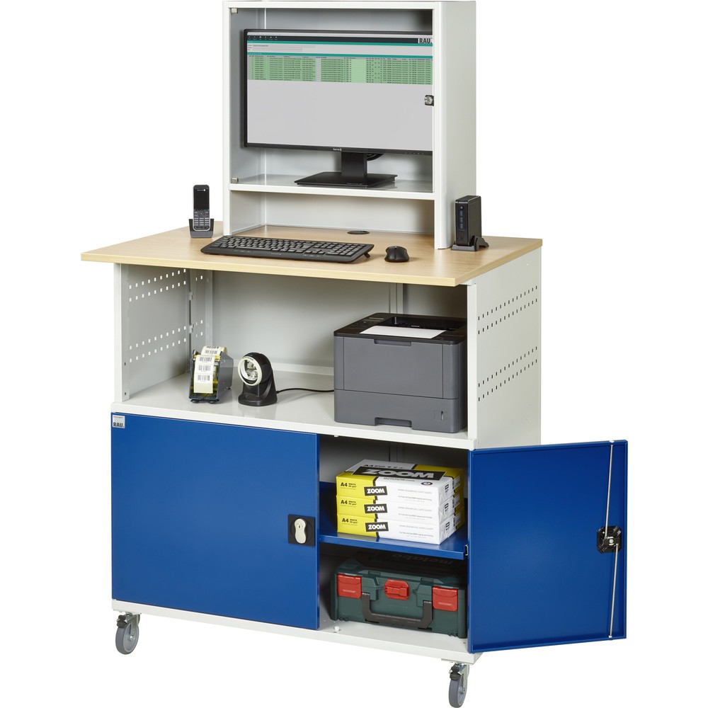 Číslo obrázku produktu 5: Počítačový stůl RAU, V×Š×H 1860 × 1100 × 800 mm, pracovní deska v dekoru buk, 2 křídlové dveře a přihrádka na monitor