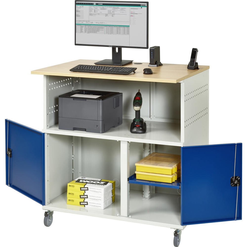 Číslo obrázku produktu 1: Počítačový stůl RAU, V×Š×H 1150 × 1100 × 800 mm, pracovní deska v dekoru buk, 2 křídlové dveře a zásuvková lišta