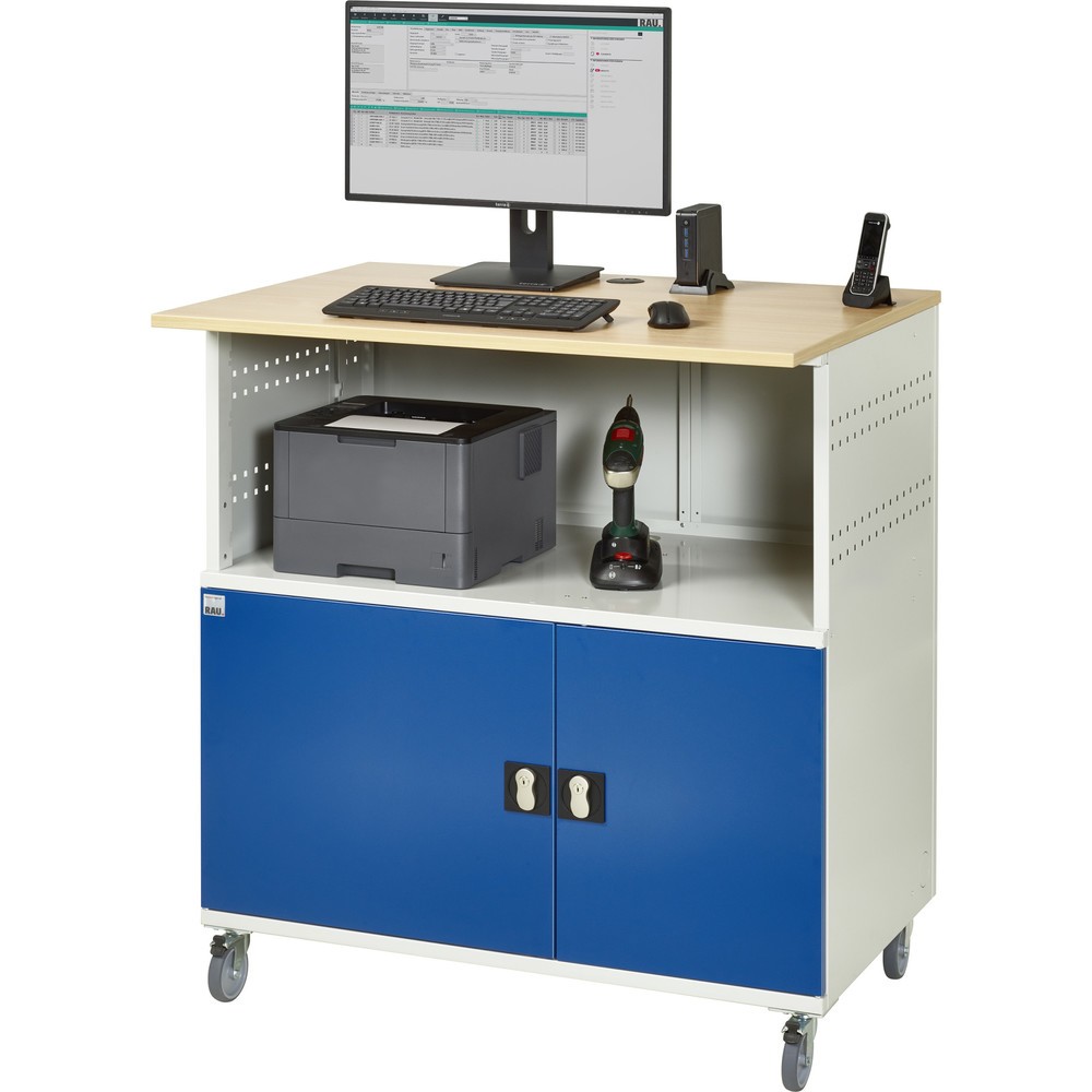 Číslo obrázku produktu 6: Počítačový stůl RAU, V×Š×H 1150 × 1100 × 800 mm, pracovní deska v dekoru buk, 2 křídlové dveře a zásuvková lišta