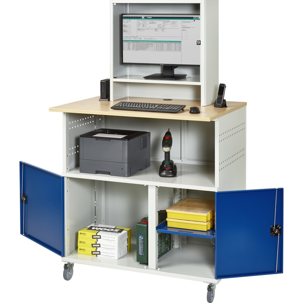 Číslo obrázku produktu 1: Počítačový stůl RAU, V×Š×H 1860 × 1100 × 800 mm, pracovní deska v dekoru buk, 2 křídlové dveře, zásuvková lišta a kryt na monitor