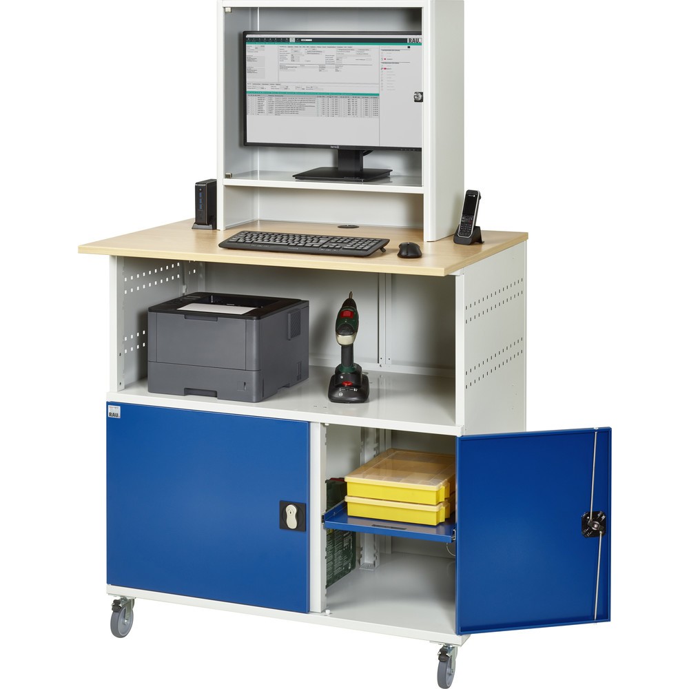 Číslo obrázku produktu 4: Počítačový stůl RAU, V×Š×H 1860 × 1100 × 800 mm, pracovní deska v dekoru buk, 2 křídlové dveře, zásuvková lišta a kryt na monitor