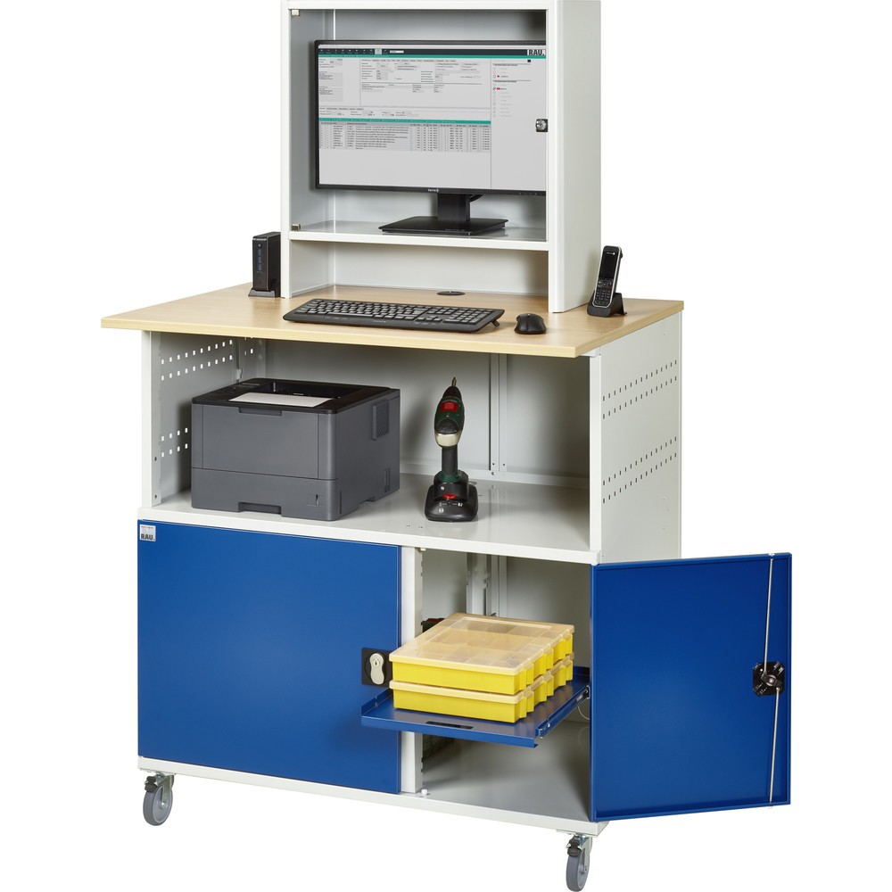 Číslo obrázku produktu 5: Počítačový stůl RAU, V×Š×H 1860 × 1100 × 800 mm, pracovní deska v dekoru buk, 2 křídlové dveře, zásuvková lišta a kryt na monitor