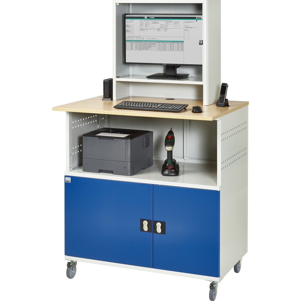 Číslo obrázku produktu 6: Počítačový stůl RAU, V×Š×H 1860 × 1100 × 800 mm, pracovní deska v dekoru buk, 2 křídlové dveře, zásuvková lišta a kryt na monitor