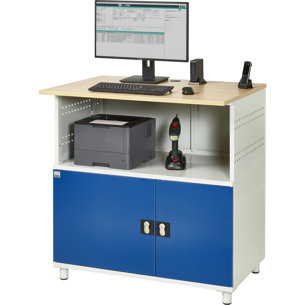 Číslo obrázku produktu 6: Počítačový stůl RAU, V×Š×H 1100 × 1100 × 800 mm, pracovní deska v dekoru buk, 2 křídlové dveře a zásuvková lišta