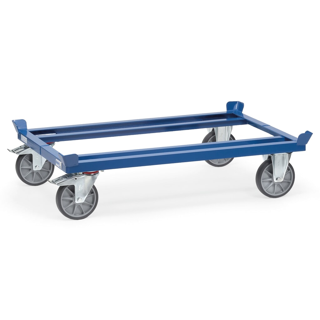 Přepravní podvozek fetra® se stohovacími rohy, nosnost 750 kg, pro palety 800 x 600 mm, pneumatiky TPE Obrázek produktu: Přepravní podvozek fetra® se stohovacími rohy, nosnost 750 kg, pro palety 800 x 600 mm, pneumatiky TPE
