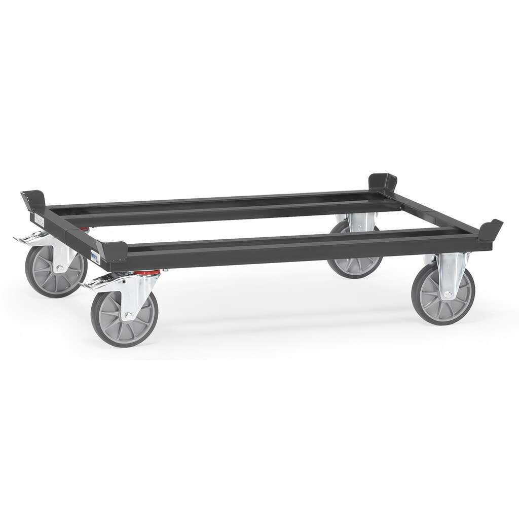 Přepravní podvozek fetra® se stohovacími rohy, nosnost 750 kg, pro palety 1200 x 800 mm, pneumatiky TPE, antracitová šedá Obrázek produktu: Přepravní podvozek fetra® se stohovacími rohy, nosnost 750 kg, pro palety 1200 x 800 mm, pneumatiky TPE, antracitová šedá
