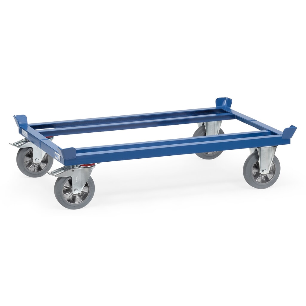 Přepravní podvozek fetra® se stohovacími rohy, nosnost 1200 kg, pro palety 800 x 600 mm, elastické pneumatiky z plné pryže Obrázek produktu: Přepravní podvozek fetra® se stohovacími rohy, nosnost 1200 kg, pro palety 800 x 600 mm, elastické pneumatiky z plné pryže