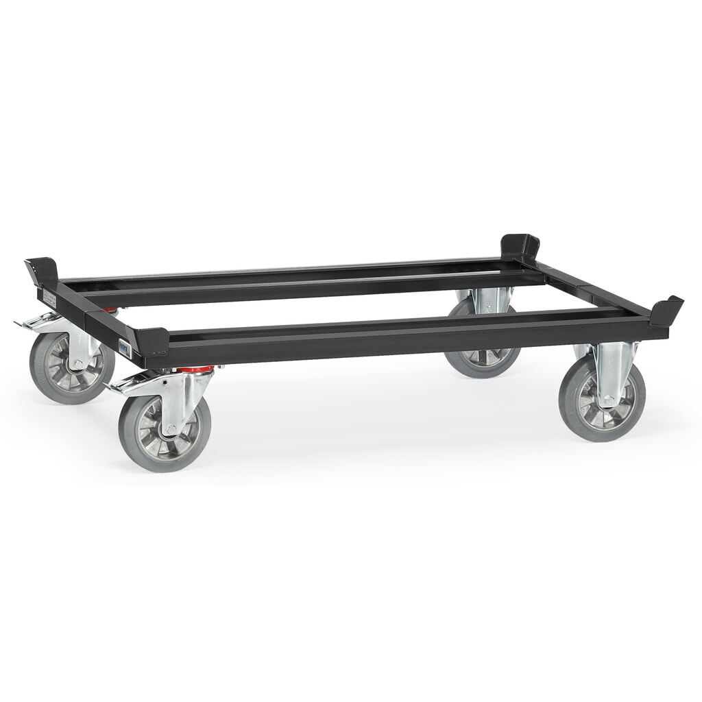 Přepravní podvozek fetra® se stohovacími rohy, nosnost 1200 kg, pro palety 1200 x 800 mm, elastická kolečka z plné gumy Obrázek produktu: Přepravní podvozek fetra® se stohovacími rohy, nosnost 1200 kg, pro palety 1200 x 800 mm, elastická kolečka z plné gumy