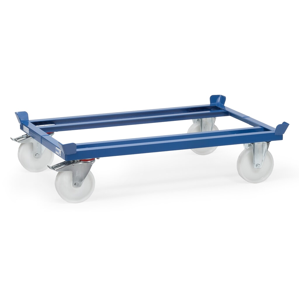 Přepravní podvozek fetra® se stohovacími rohy, nosnost 1050 kg, pro palety 1200 x 800 mm, polyamidové pneumatiky Obrázek produktu: Přepravní podvozek fetra® se stohovacími rohy, nosnost 1050 kg, pro palety 1200 x 800 mm, polyamidové pneumatiky
