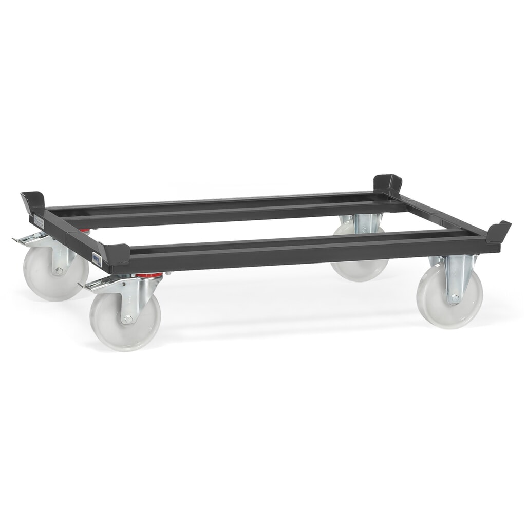 Obrázek produktu: Přepravní podvozek fetra® se stohovacími rohy, nosnost 1000 kg, pro palety 1200 x 800 mm, polyamidové pneumatiky, antracitová šedá