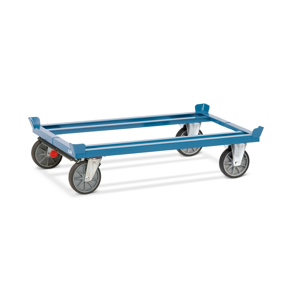 Přepravní podvozek fetra® se stohovacími rohy, nosnost 750 kg, pro palety 1200 x 800 mm, pneumatiky TPE, centrální brzda Obrázek produktu: Přepravní podvozek fetra® se stohovacími rohy, nosnost 750 kg, pro palety 1200 x 800 mm, pneumatiky TPE, centrální brzda