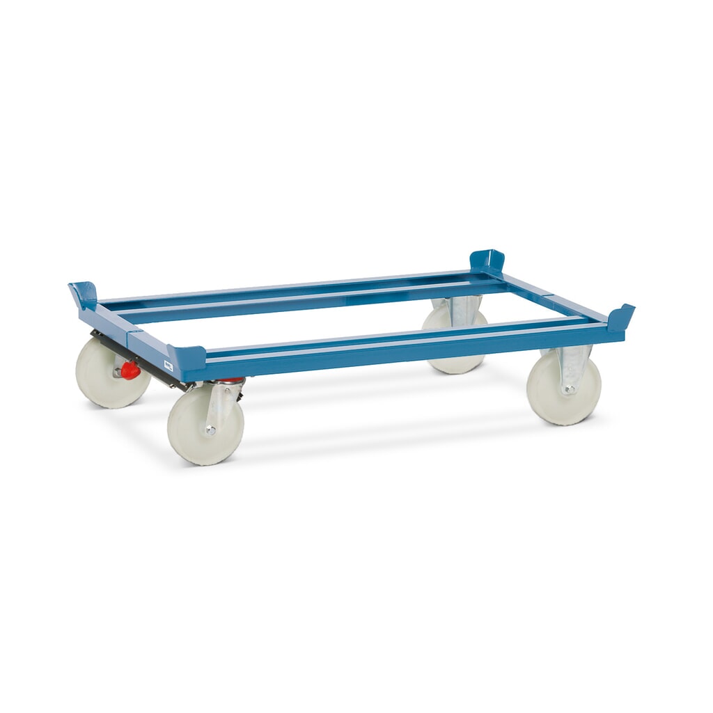 Přepravní podvozek fetra® se stohovacími rohy, nosnost 1000 kg, pro palety 1200 x 800 mm, polyamidové pneumatiky, centrální brzda Obrázek produktu: Přepravní podvozek fetra® se stohovacími rohy, nosnost 1000 kg, pro palety 1200 x 800 mm, polyamidové pneumatiky, centrální brzda