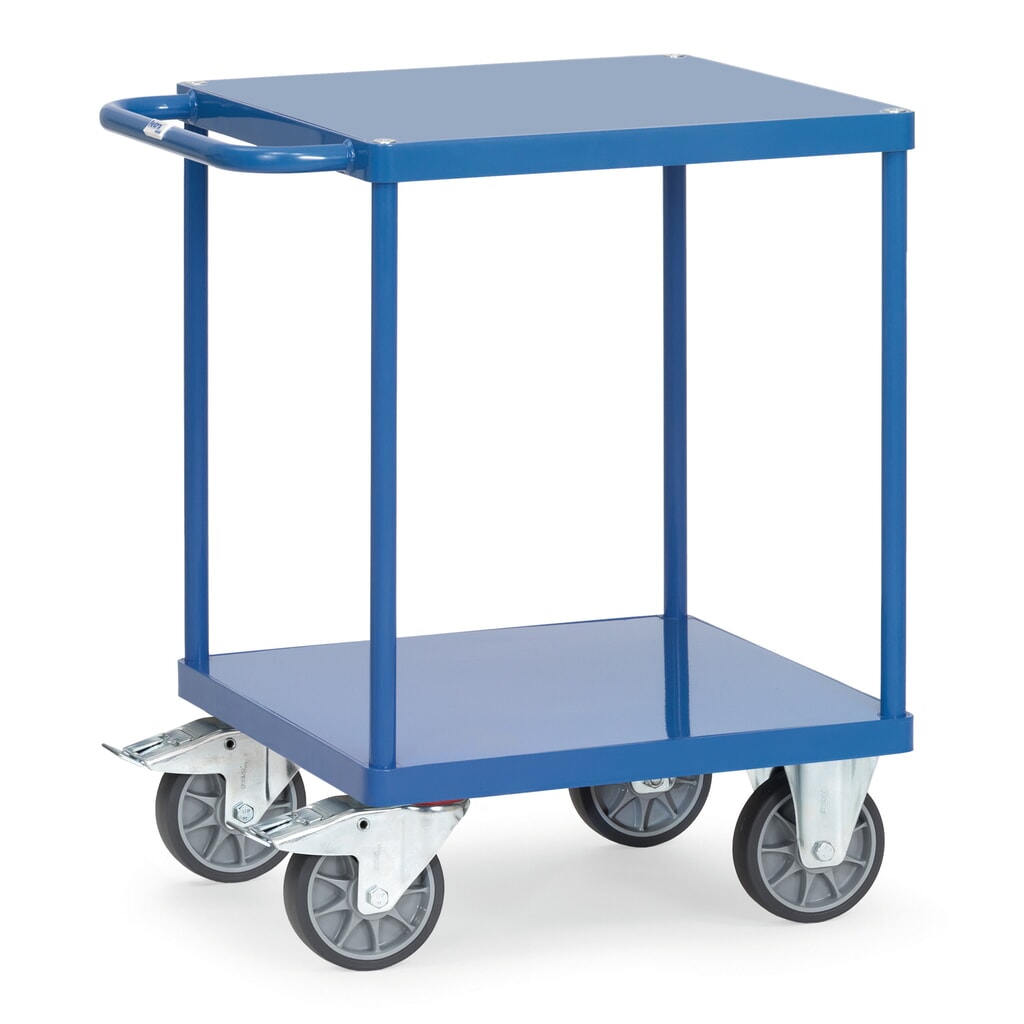 Pojízdný montážní stolek fetra® s policemi z ocelového plechu à 600 x 600 mm Obrázek produktu: Pojízdný montážní stolek fetra® s policemi z ocelového plechu à 600 x 600 mm