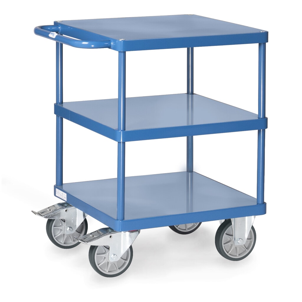 Pojízdný stolek a montážní vozík fetra® se 3 policemi z ocelového plechu à 600 x 600 mm Obrázek produktu: Pojízdný stolek a montážní vozík fetra® se 3 policemi z ocelového plechu à 600 x 600 mm