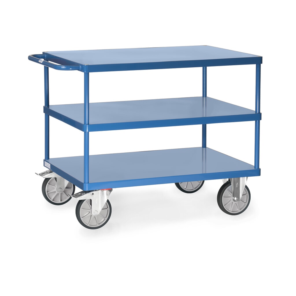 Obrázek produktu: Pojízdný stolek a montážní vozík fetra® se 3 policemi z ocelového plechu à 1 000 x 600 mm