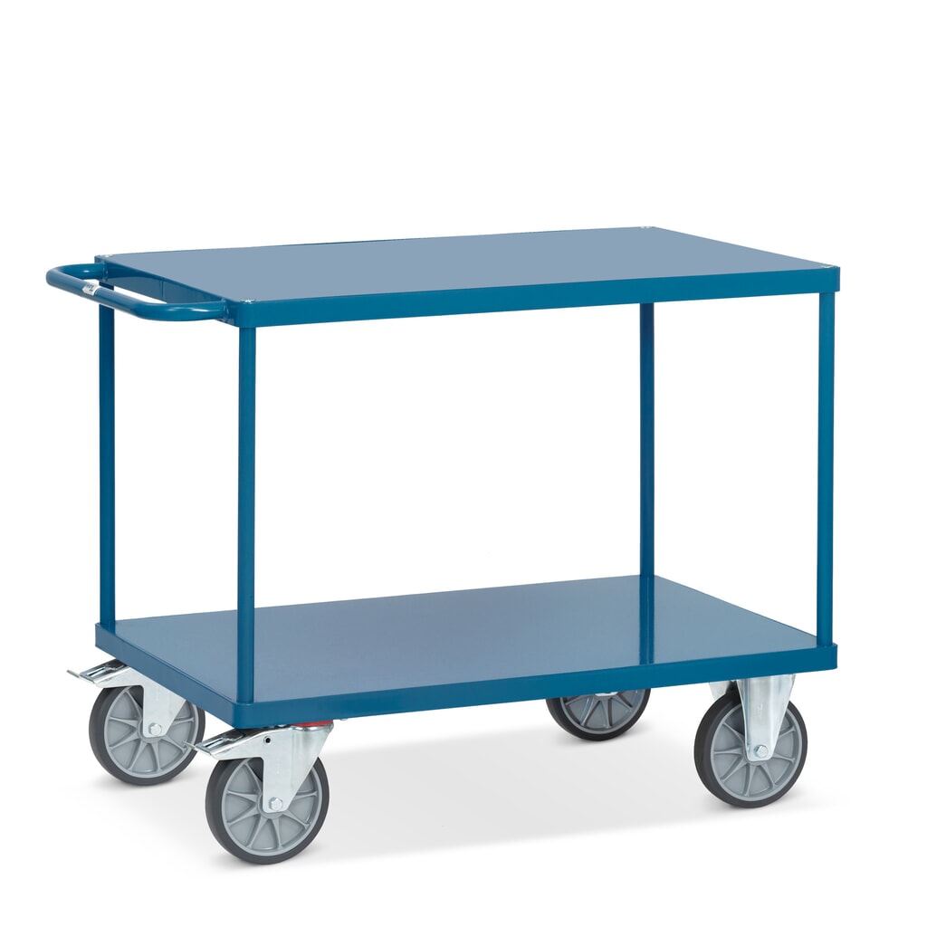 Obrázek produktu: Pojízdný montážní stolek fetra® s policemi z ocelového plechu à 1 000 x 700 mm